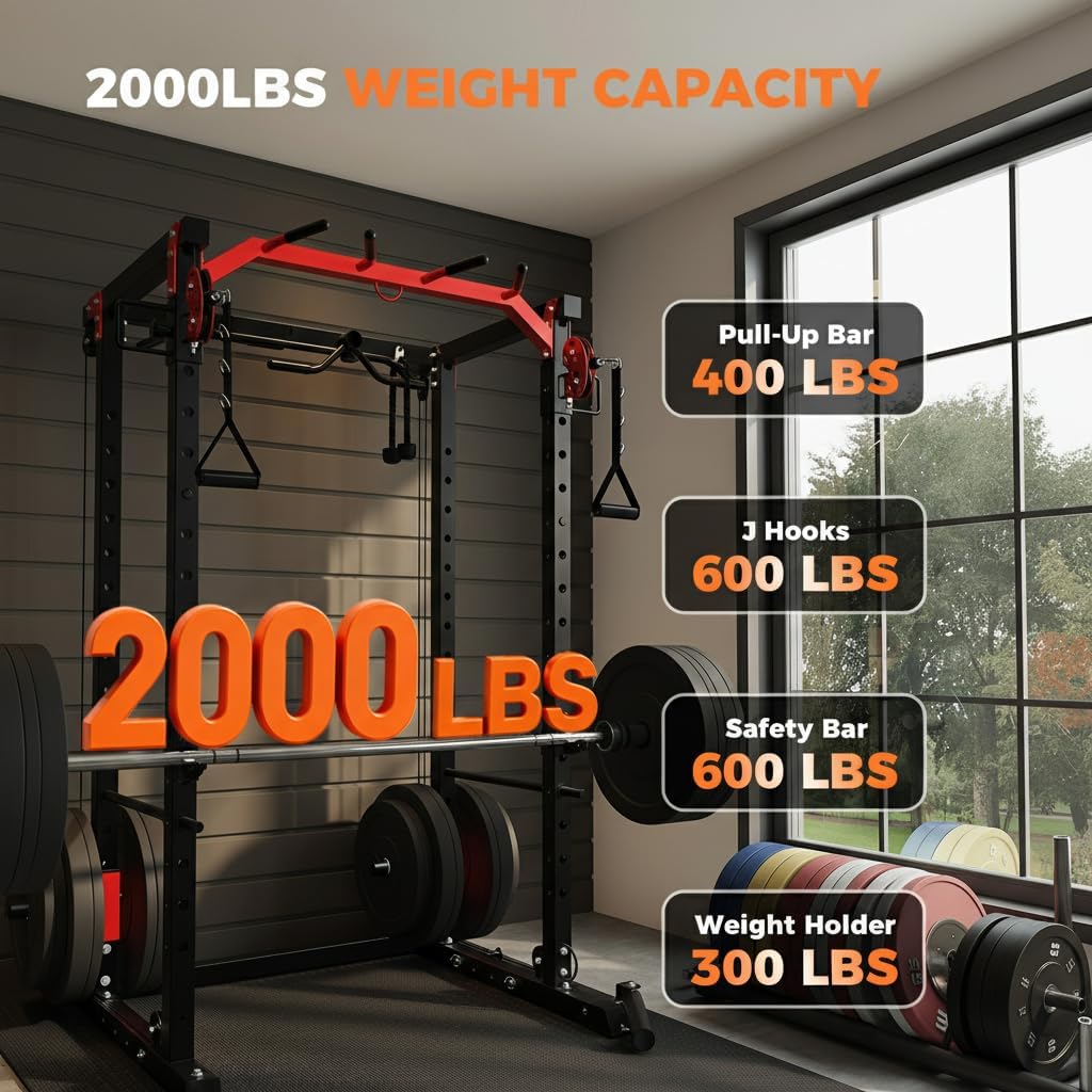 Power Cage, Power Rack with Cable Crossover System, 2000LBS Squat Rack with LAT Pull Down System, Workout Cage with Pulley System for Fitness Home Gym Strength Training