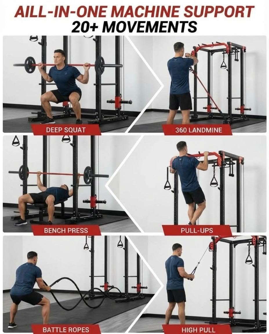 ExploreHorizon Power Cage with LAT Pulldown & Cable Crossover System, 2000LBS Multi-Functional Power Rack, All-in-1 Weight Cage Home Gym with Adjustable Pulley System, Squat Rack for Garage, Home
