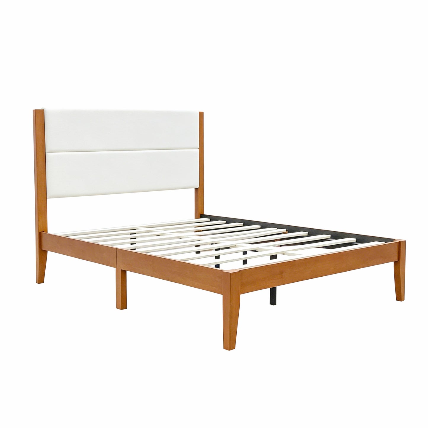 Merax Full Size Mid-Century Modern Platform Bed Frame with Fabric Upholstered Headboard, Solid Wood Slat Support, No Box Spring Needed, Noise-Free, Underbed Storage Space, Easy Assembly, Brown