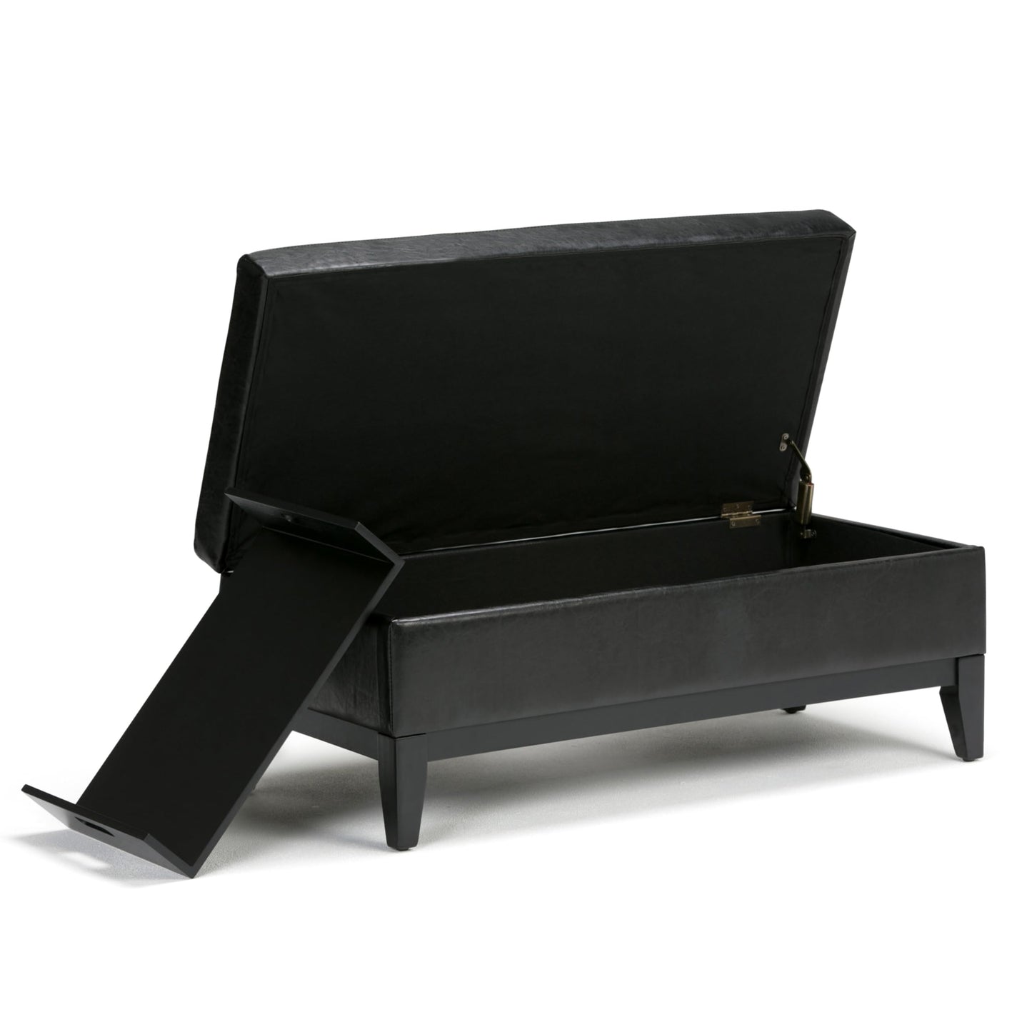 SIMPLIHOME Oregon Storage Ottoman Bench with Tray - 42 inch Wide Upholstered Vegan Leather Rectangle Ottoman Bench in Midnight Black, Transitional Tufted Ottoman for Living Room with Lift-Up Lid