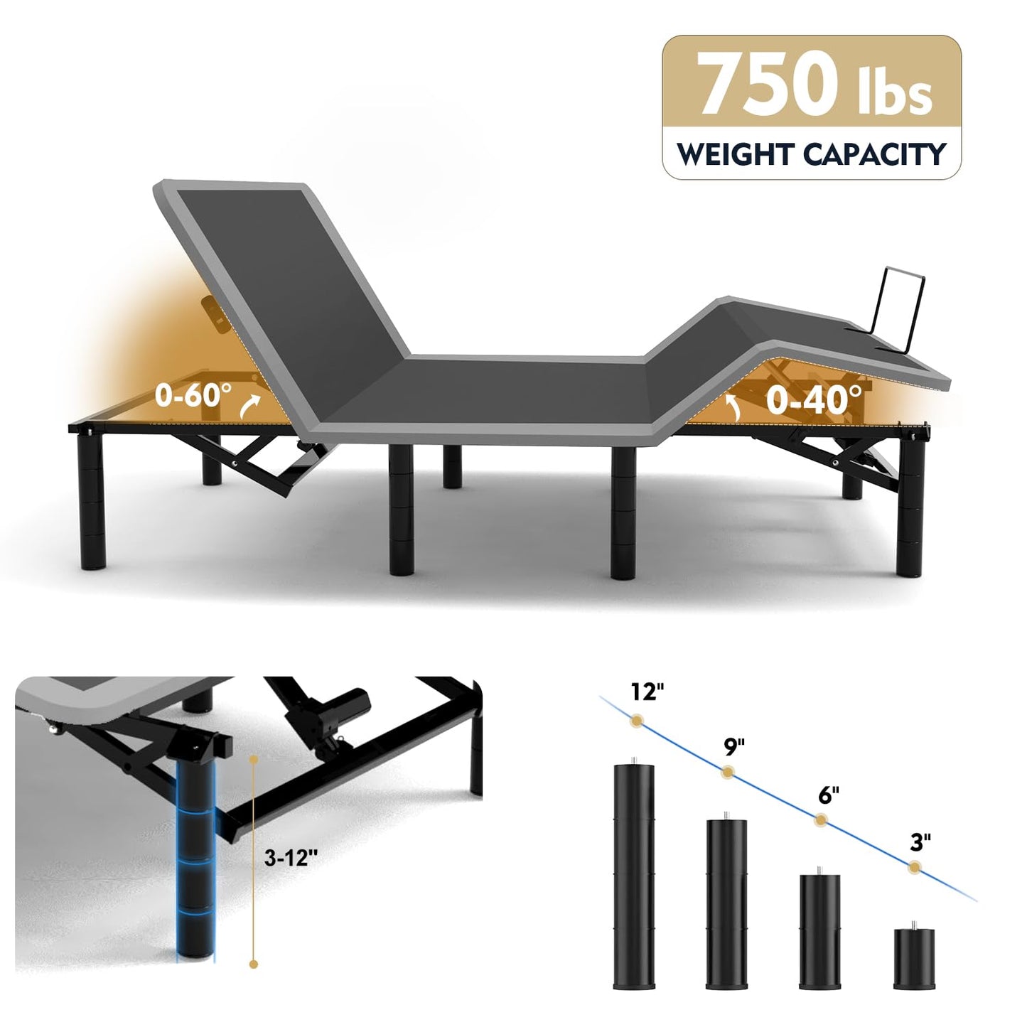 GM Ultra Queen Adjustable Bed Frame with Massage, Electric Bed Base with Head & Foot Incline, Wireless Remote, USB-A & USB-C Ports, LED Under-Bed Night Light, Height Adjustable Legs, Easy Assembly