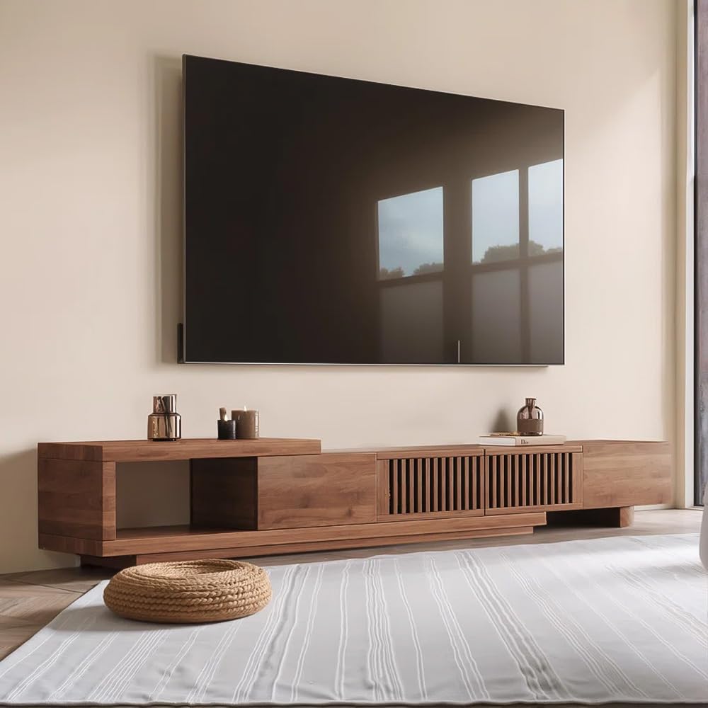 gaoyangjiaju 94.48" Mid Century Modern TV Stand for TVs up to 70"-90",Tv Console with 4 Storage Cabinets, Media Furniture for Living Room or Bedroom,Walnut (78.54“ to 103")