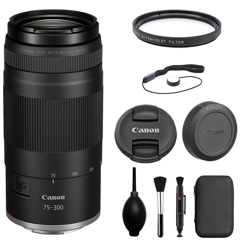 Canon RF75-300mm F4-5.6 Zoom Lens with UV Filter + Lens Cap Keeper + Cleaning Kit (4 Items)