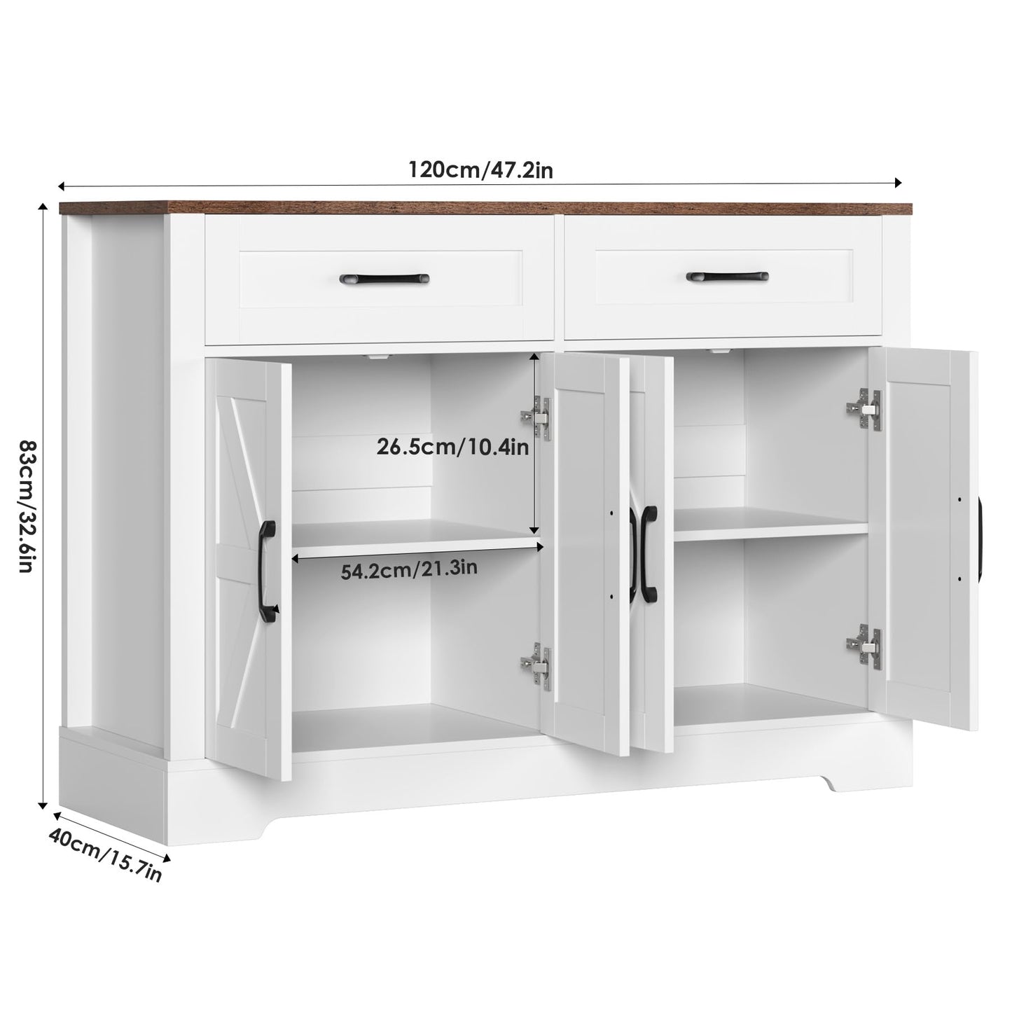 BOTLOG 47.2" Farmhouse Buffet Cabinet with Storage, Sideboard Cabinet with Drawers, Kitchen Storage Cabinet with Shelves for Living Room, Entryway, Rustic White
