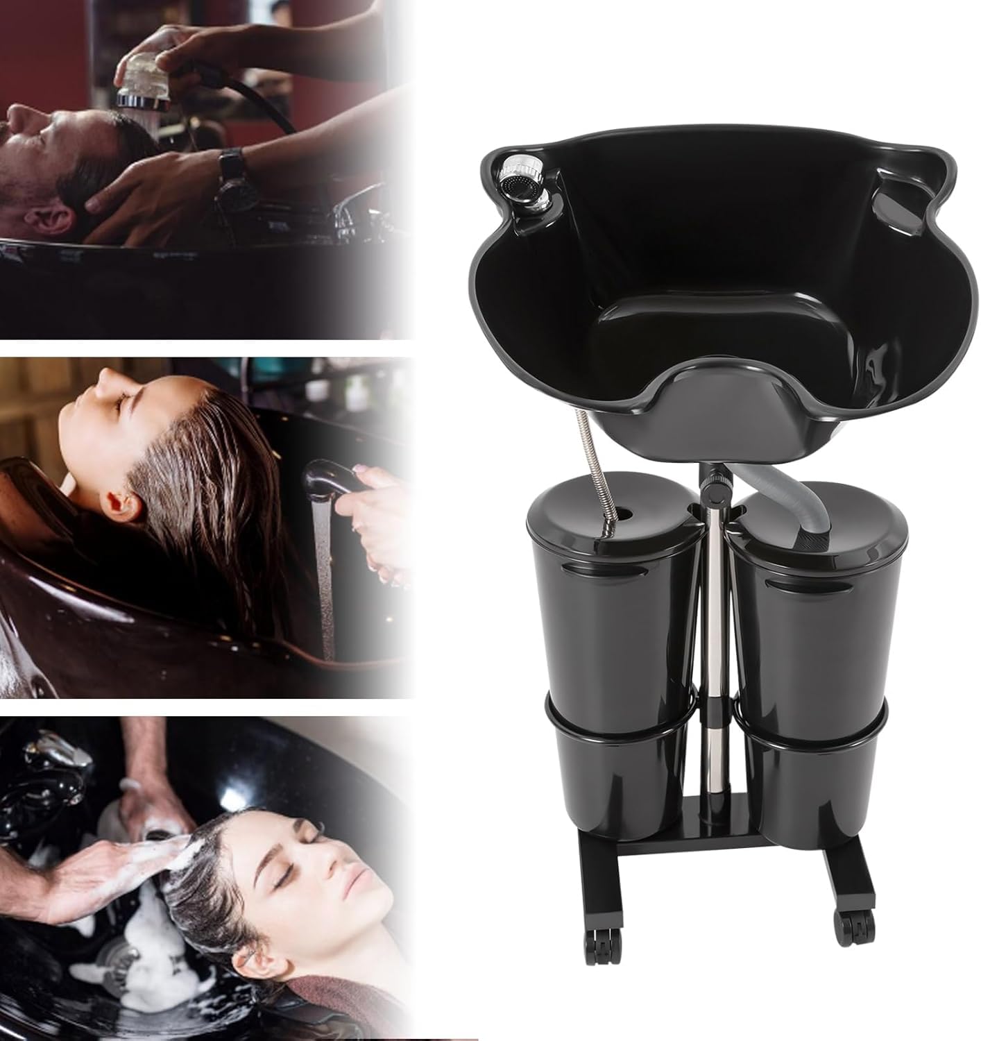 Shampoo Bowl Portable Hairdressing Backwash Unit Salon Wash Hair Basin Sink With 10 L 2 Tanks Buckets Drain Hoses And Wheels, Height Adjustable Hair Washing Sink For Barber Shop Elderly/pre