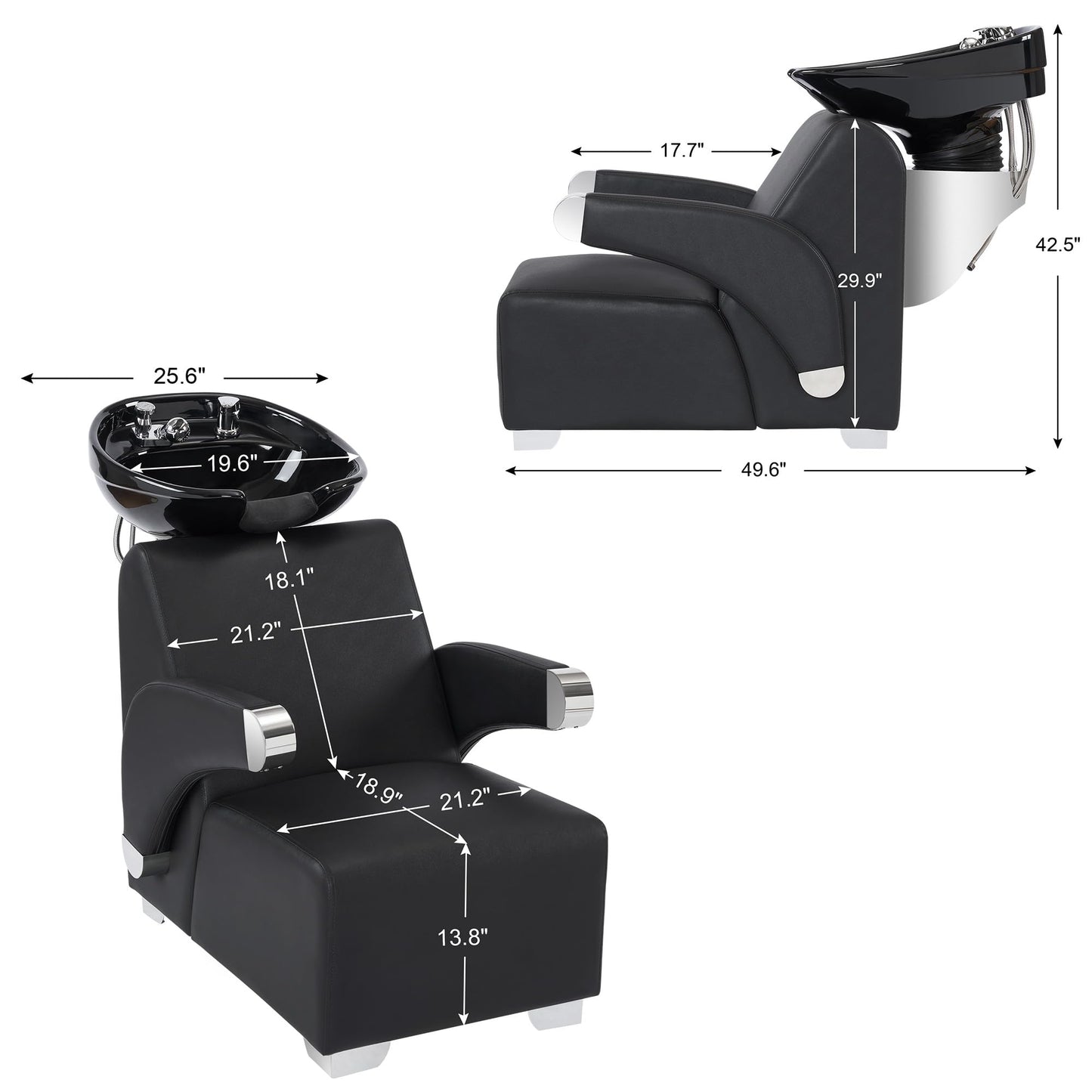 BarberPub Ceramic Bowl Backwash Shampoo Chair, Adjustable Hair Wash Sink and Chair Set for Professional Barbershop, Home&Beauty Spa Salon 9102 (Black)