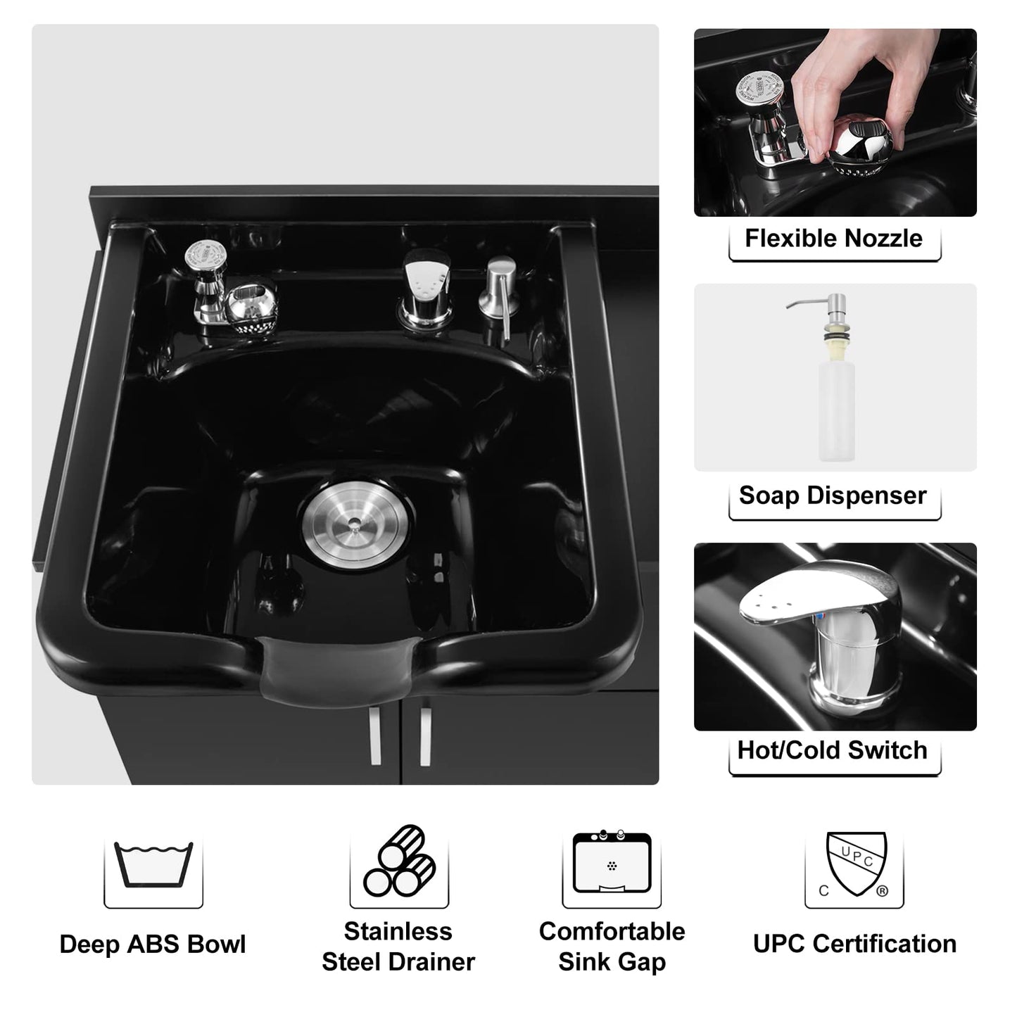 Artist hand Shampoo Backwash Sink Station with Shampoo Bowl Shampoo Station, Backwash Sink Chair Spa Salon Beauty Equipment, Used with Barber Chair and Shampoo Chair(Black)