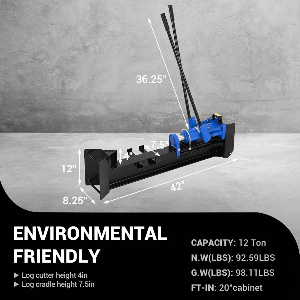 GarveeTech 12 Ton Hydraulic Log Splitter Wood Cutter, Manual Log Splitter with Horizontal Full Steel Beam & Built-in Wheel