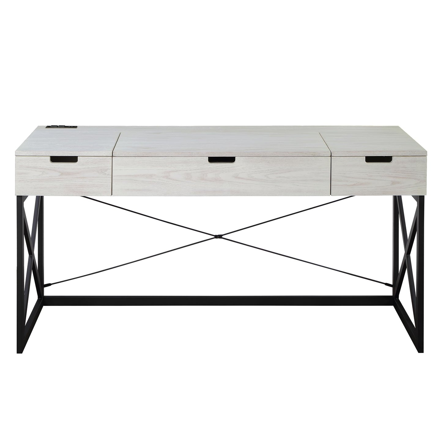 24/7 Shop at Home Ashiya Transitional 2 Drawers Metal Hidden Storage Desk with Lift-Top, USB Port, Power Outlet for Workstation, Home Office, Study Room, Antique White