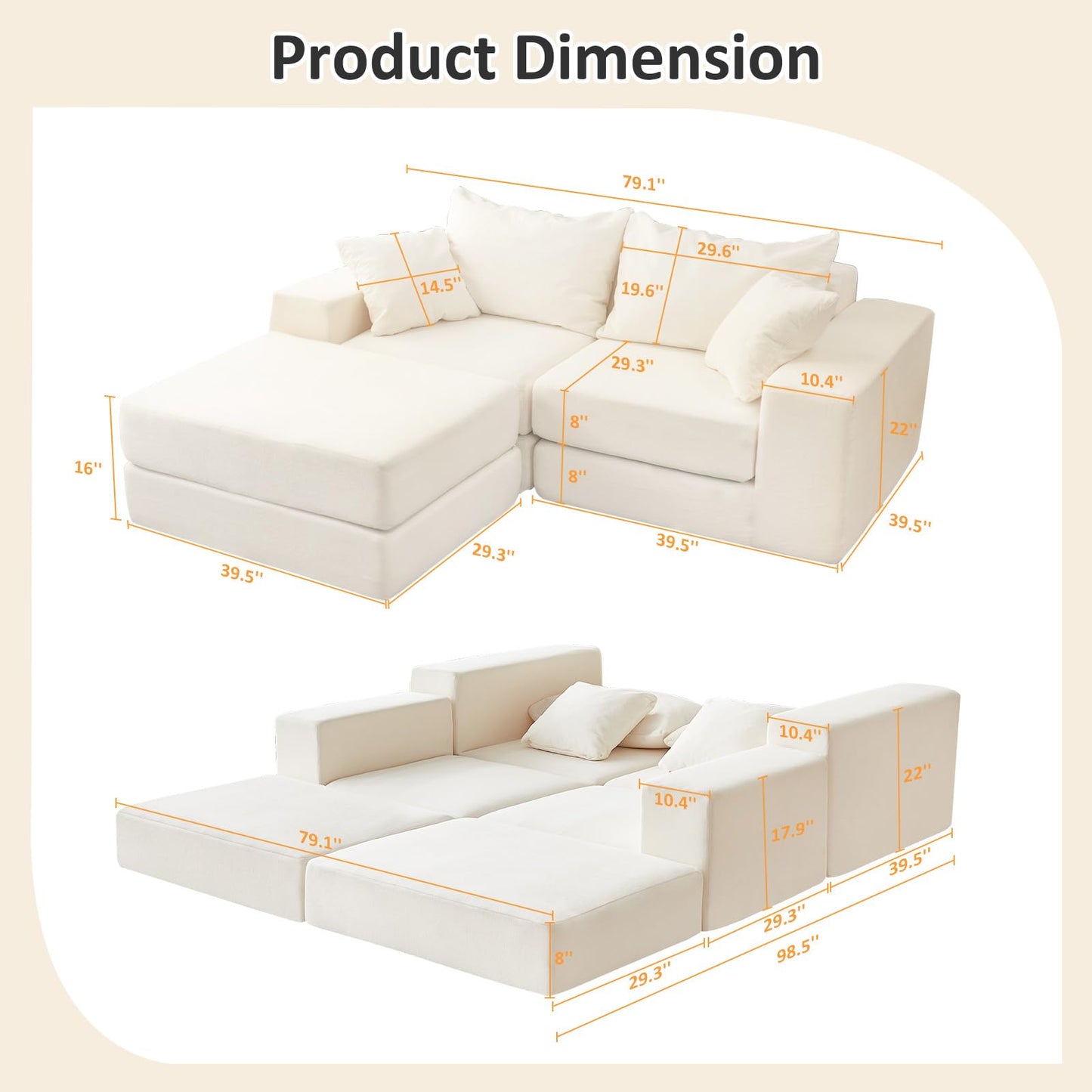 Modular Sectional Loveaeat Cloud Sofa, Boneless Couch with Non Slip Base, Modern Sleeper Sofa for Customizable Living Spaces, Cozy Modular Couch with L-Shape Chaise, Deep Seat & No Assembly, Beige