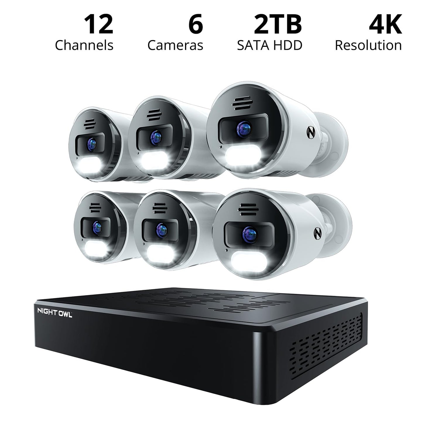 Night Owl Power Over Ethernet 12 Channel NVR Video Home Security Camera System with (6) Wired IP 4K HD Indoor/Outdoor Deterrence Cameras and 2TB Hard Drive (Add up to 4 Wi-Fi Cameras)