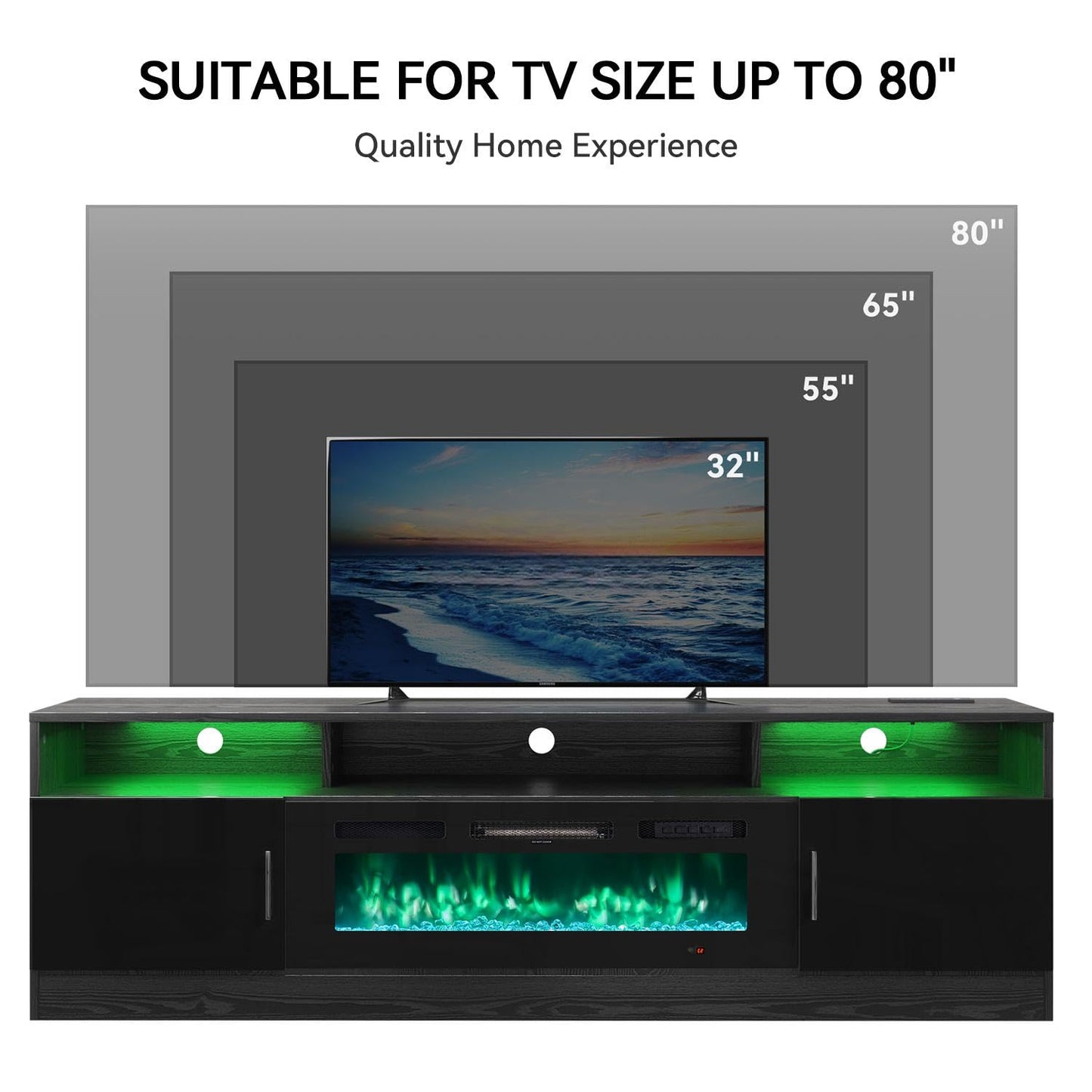 MXV 70" Fireplace TV Stand with Power Outlet for TVs UP to 80", Electric Fireplace Entertainment Center with LED Lights & Storage Cabinets, TV Console for Living Room, Office, Black-Black