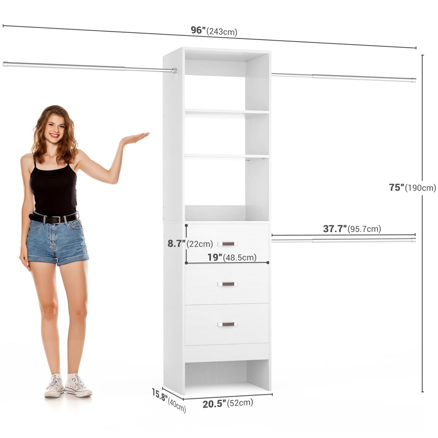 Besiost 96'' Closet Organizer System with 3 Hanging Rods, 8FT Closet Organizers and Storage with 3 Wooden Drawers, Built in Closet Organizer Systems, Adjustable Walk-in Wardrobe from 5-8FT, White