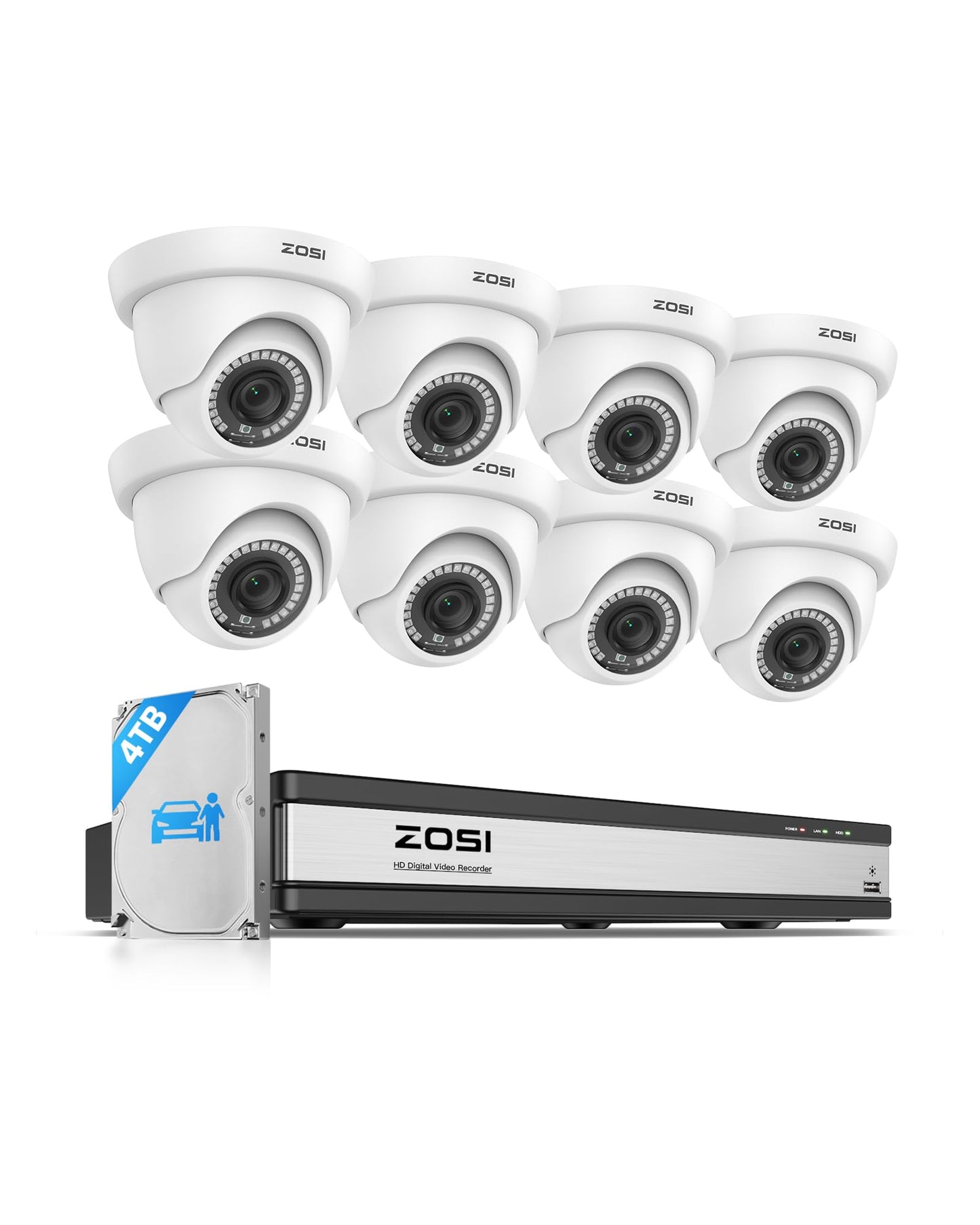 ZOSI H.265+ 16 Channel Security Camera System 1080p,16CH CCTV DVR, 8 x 1080p Indoor Outdoor Dome Camera, Human Vehicle Detect, 80ft Night Vision, 105° View Angle, Remote Control, Alert Push, 4TB HDD