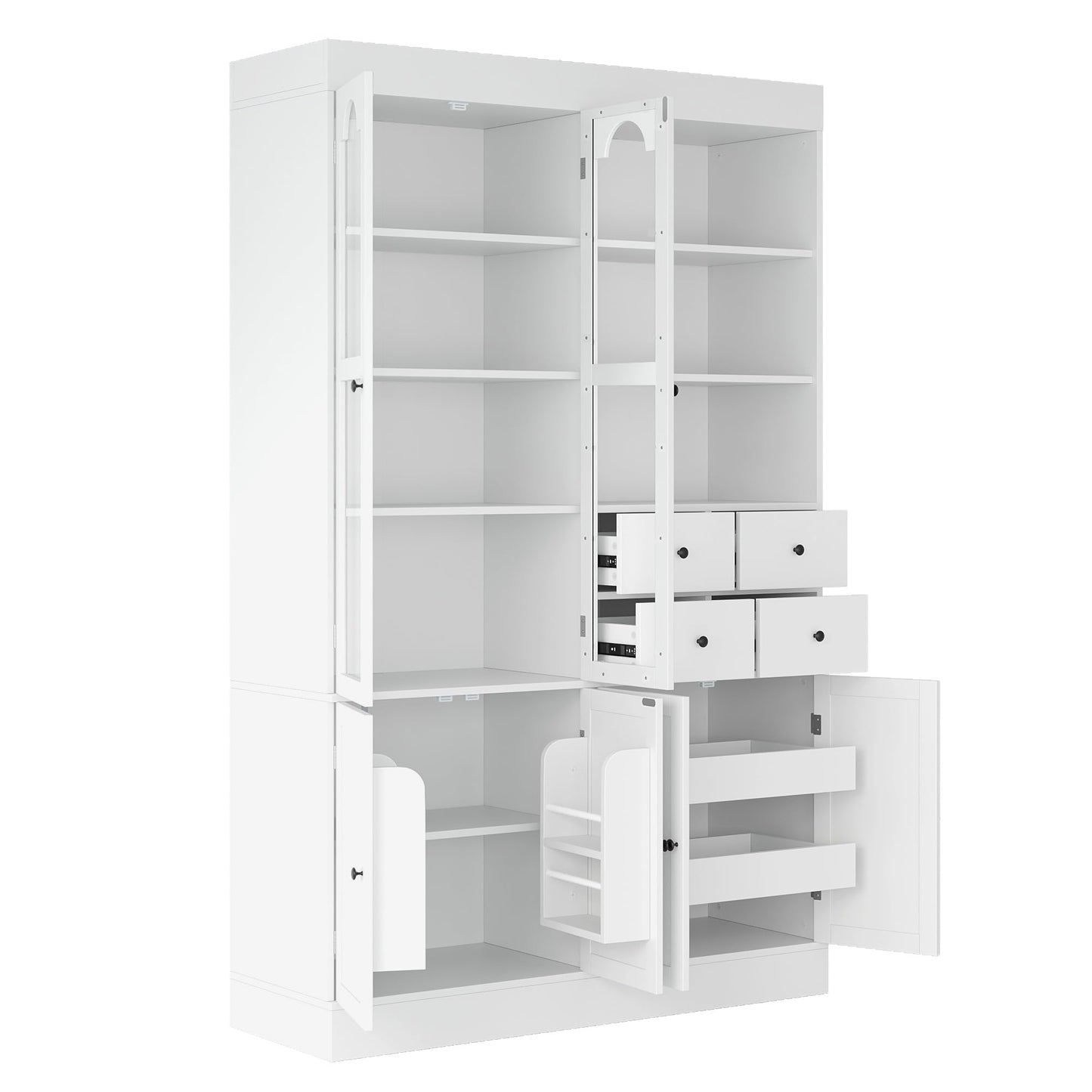 Merax Wood Kitchen Pantry with 4 Drawers, 3 Cabinets and Hutch, Tall Cupboard Dining Storage Cabinet with Door Shelves and Pull-Out Trays for Living Room, Kitchen, Dining Room White