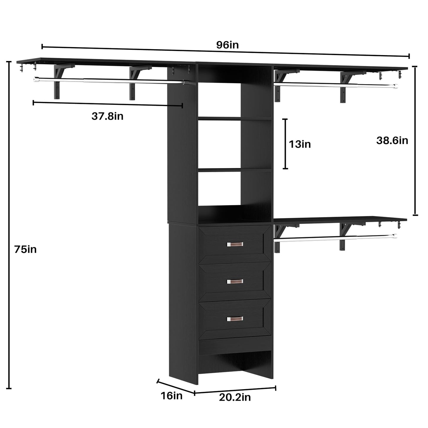 8FT Closet System with 3 Curved Drawers, 96'' Wooden Walk-in Closet Organizer with 3 Top Shelves, Adjustable Organizer System with 3 Hanging Rods, Built-in Wardrobe Storage Rack for 4-8 ft, Black