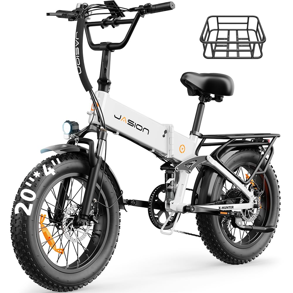 Jasion X-Hunter Foldable Electric Bike, 1400W Peak Motor, 30MPH Max Speed 70+ Miles, 48V 13AH Removable Battery, Full Suspension System, 20''*4.0 Fat Tire Ebike For Adults, 7-Speed Bicycle with Basket