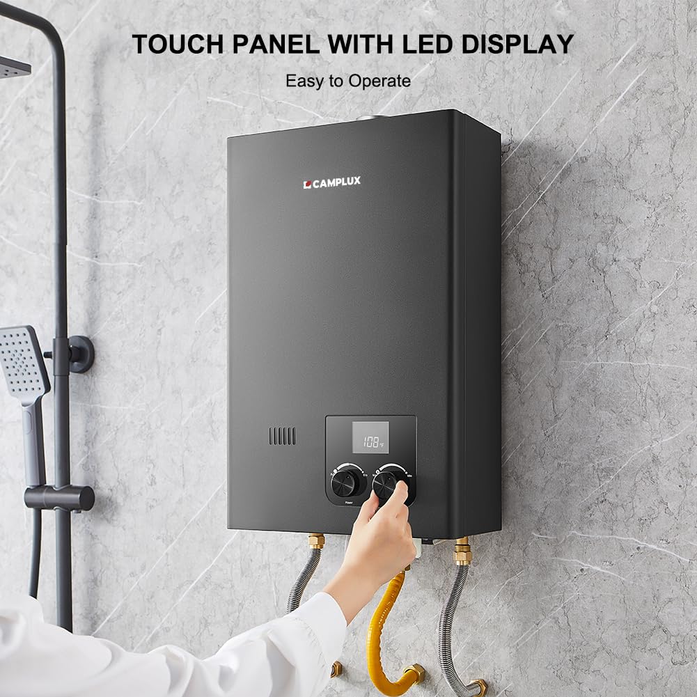 CAMPLUX Gas Tankless Water Heater Indoor, 2.64 GPM, CM264 Propane Tankless Water Heater, 68,000 BTU On Demand Instant Hot Water, Black
