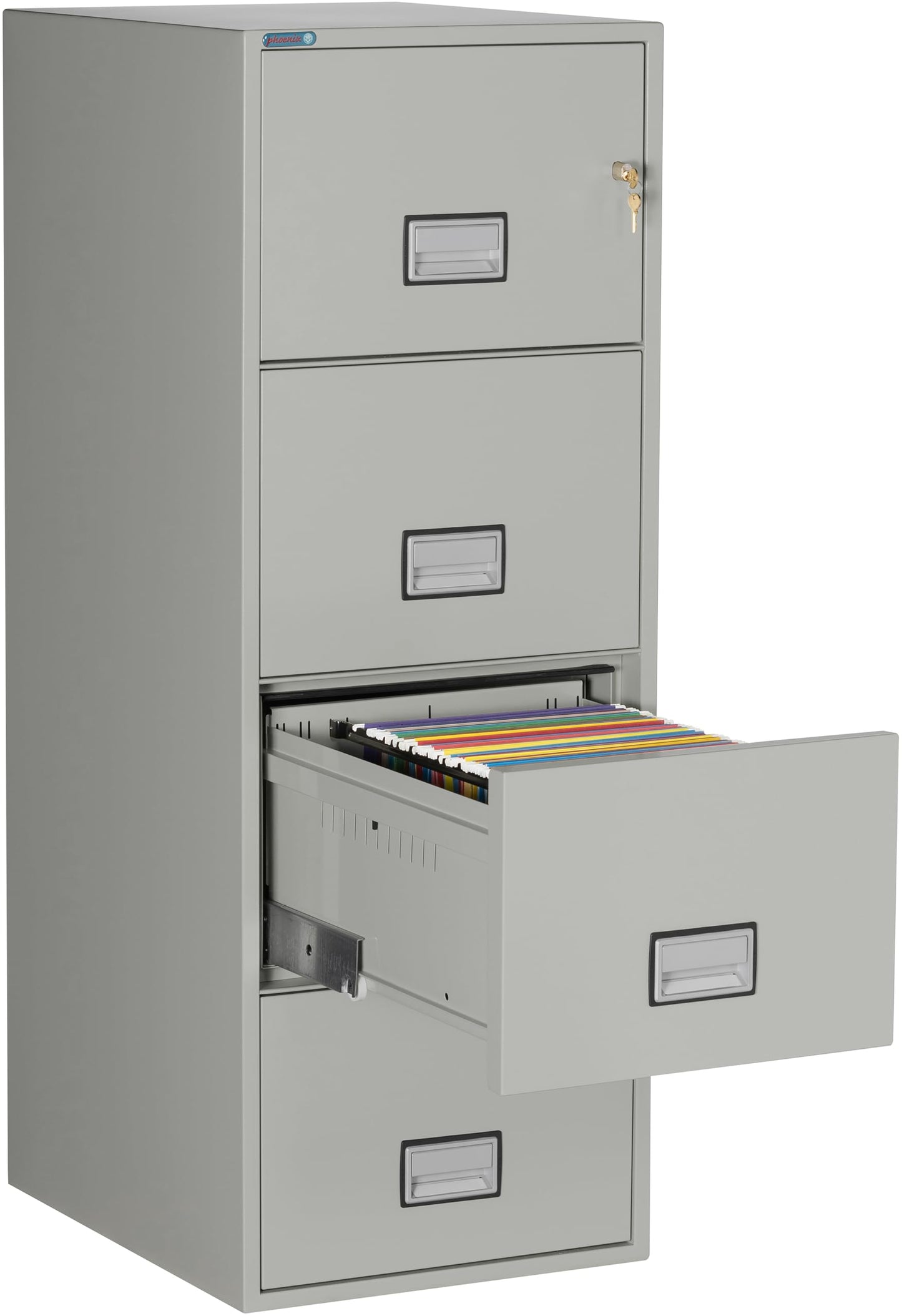 Phoenix Safe 25 inch 4-Drawer Vertical Fireproof File Cabinet – Legal and Letter Size Filing – Key Lock – Water Resistant Seal – Fire and Impact Rated – Light Gray Finish – Model LGL4W25LG