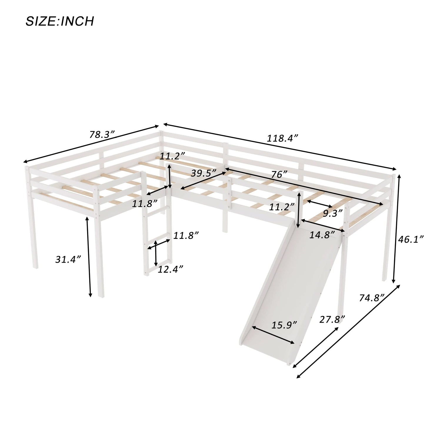 Merax L-Shaped Twin Size Loft Bed with Ladder and Slide, Wooden Double Loft Bed Frame with Full-Length Guardrail, No Box Spring Required