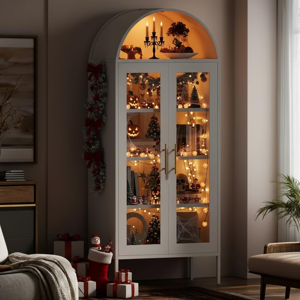 YITAHOME 71" Arched Glass Display Cabinet, Tall Metal Storage Cabinet with Adjustable Shelves and Glass Doors, White