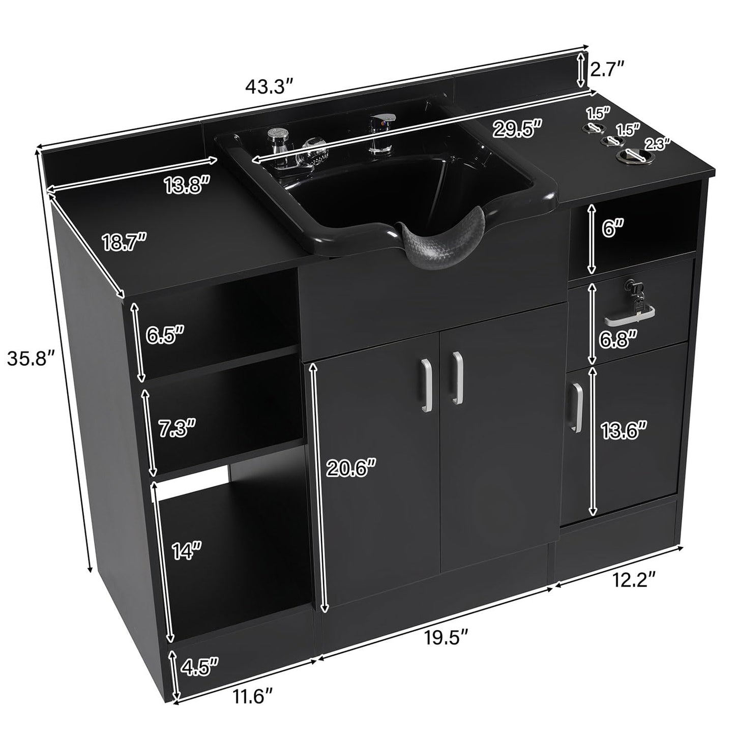 Shampoo Bowl with Cabinet, Shampoo Barber Backwash with Charging Station, Drawers, Storage Cabinet, Faucet Sprayer & Shampoo Bowl, Shampoo Cabinetry Hair Wash Sink for Beauty Spa Barber