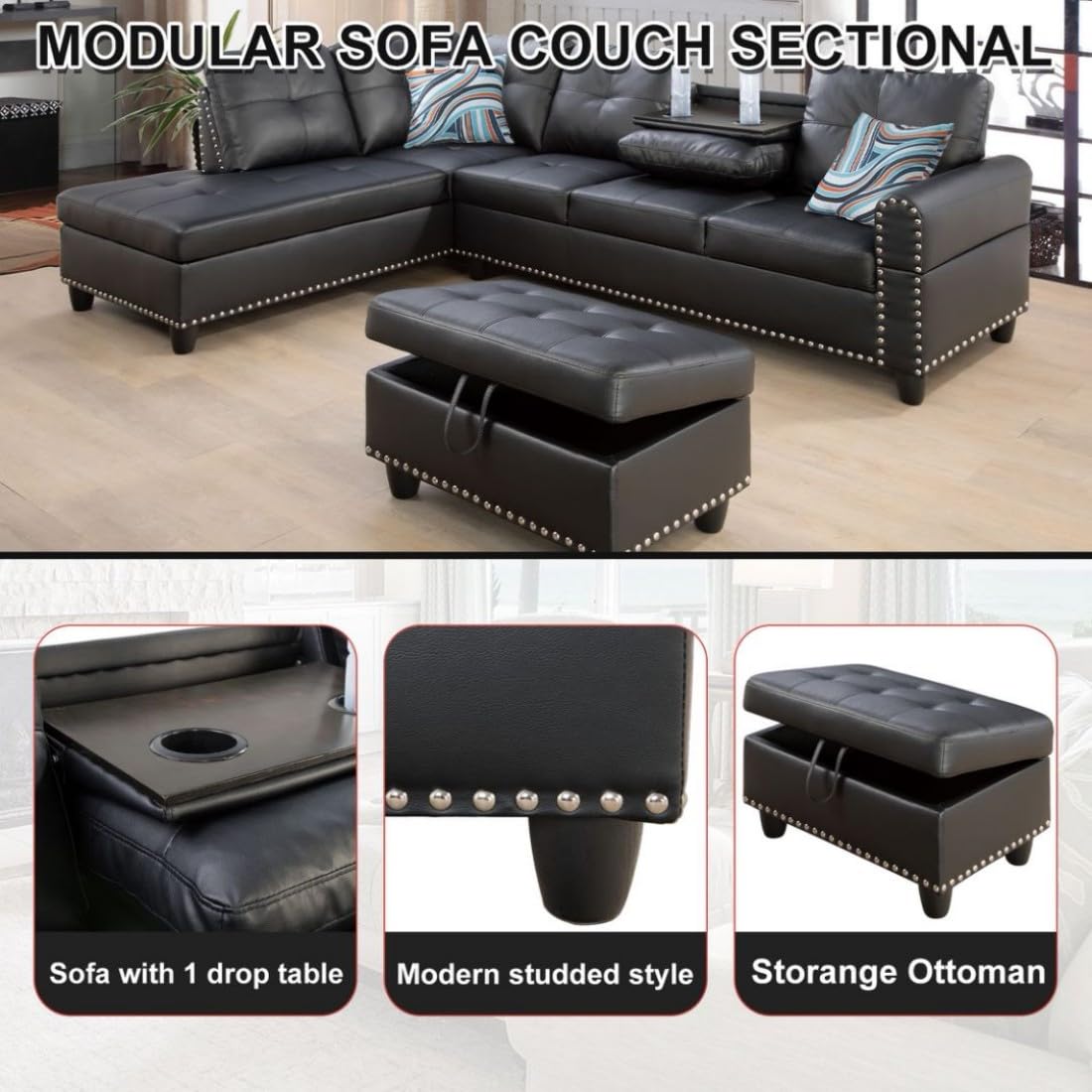 UOCFYK L-Shaped 3-Piece Faux Leather Sofa with Ottoman, Sectional Couch Set for Living Room, Office, Apartment, with Cup Holder, Black