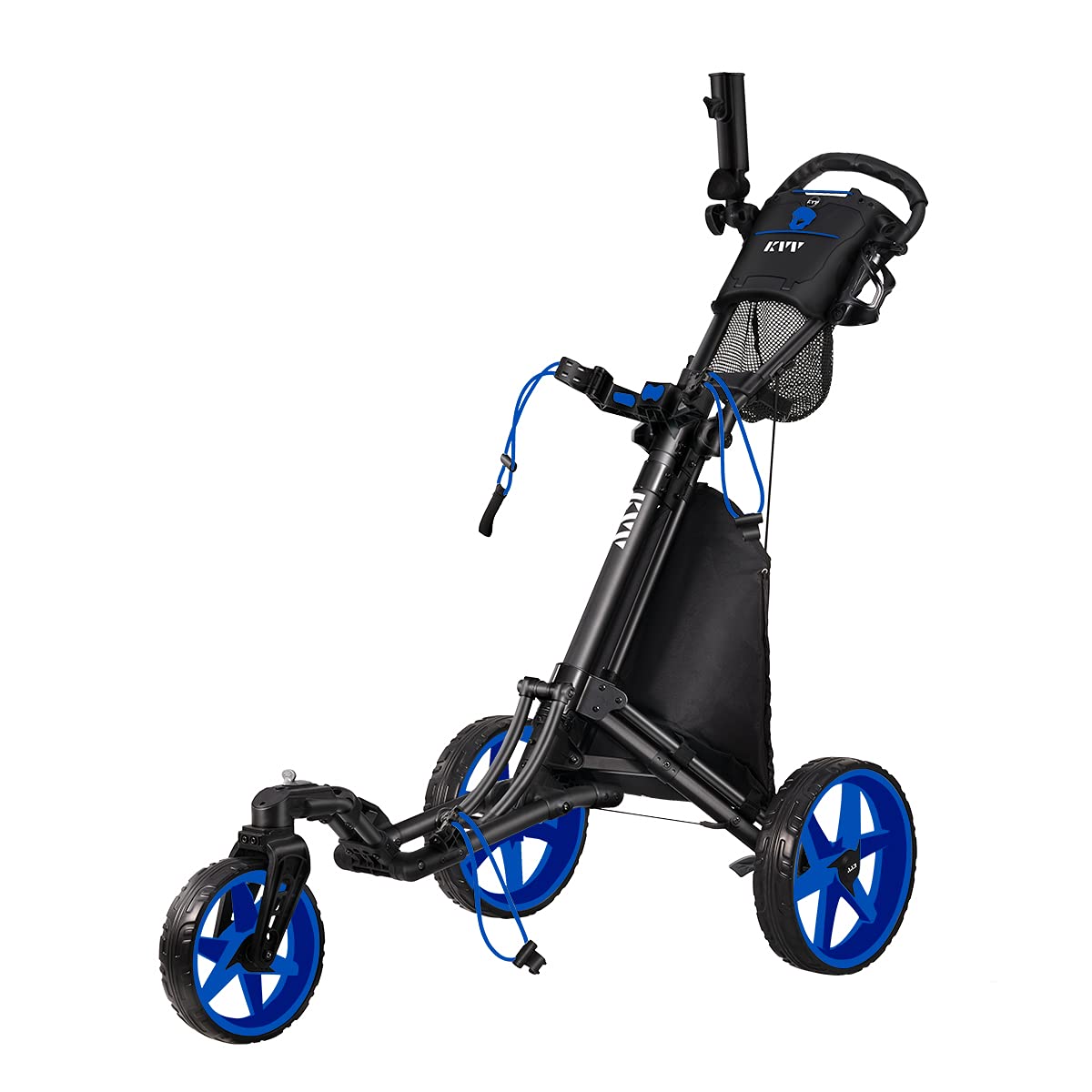KVV 3 Wheel 360 Rotating Front Wheel Golf Push Cart Open and Close in ONE Second-Free Umbrella Holder Included(Black/Blue)