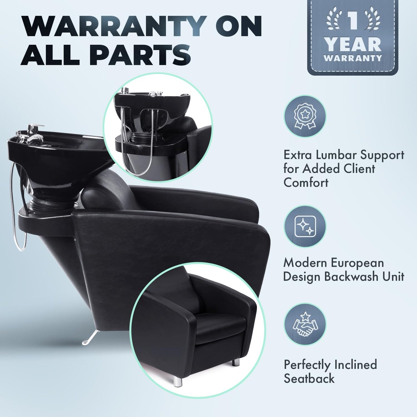 Buy-Rite Shelby Shampoo Backwash Station - Professional Salon Backwash Unit w/Deep Tilting Porcelain Sink, Wide Reclining Chair, Dual-Function Nozzle, Vacuum Breaker - Black, YLG-556-BLK