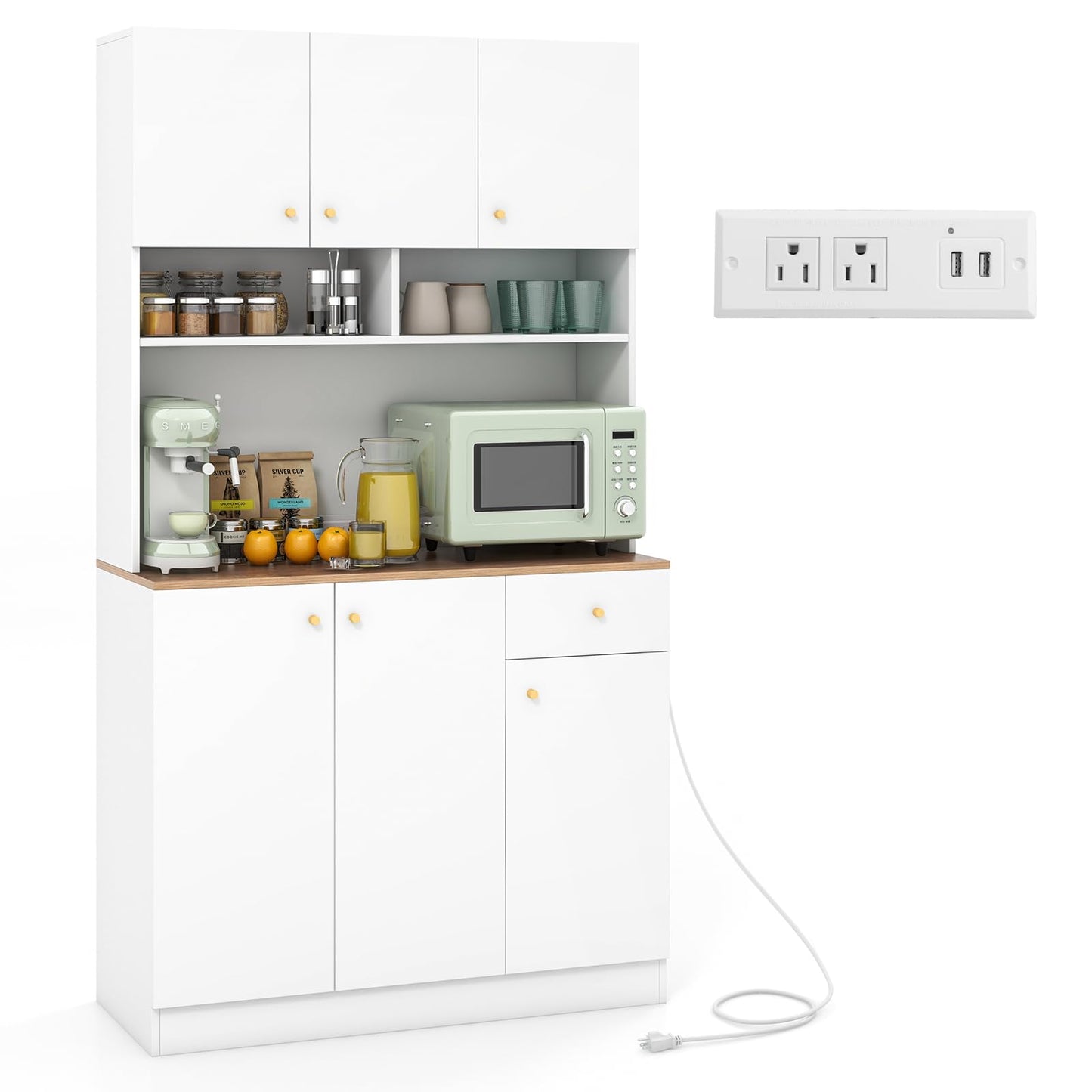 Giantex Kitchen Pantry Cabinet, 71” Tall Buffet Cabinet with Hutch, Built-in Power Outlet, 6 Doors Storage Cabinets, Drawer, Adjustable Shelves, Standing Cupboard for Dining Room Living Room (White)