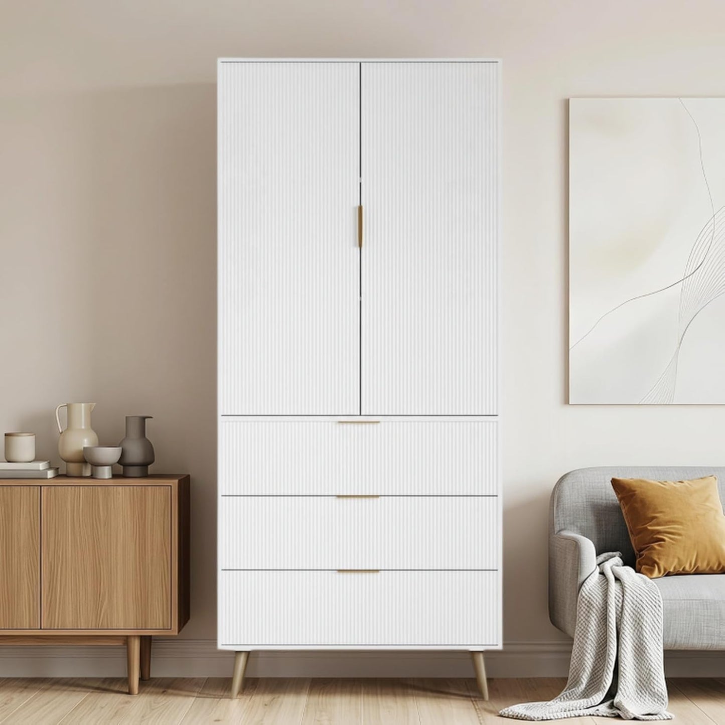 NicBex Tall Storage Cabinet, Kitchen Pantry Cabinet with Adjustable Shelves, Fluted Panel Design Wood Chest with 3 Drawers 2 Doors, Tall Home Cupboard for Living Room, Kitchen, White