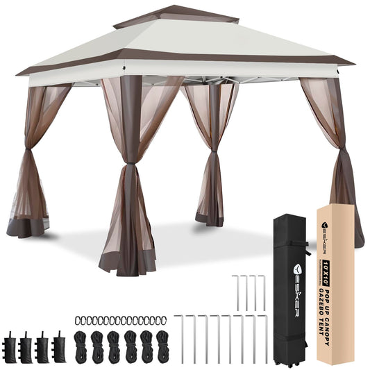 Yesker 10x10 Pop Up Canopy Tent w Mesh Netting Sidewall Vented Top - Heavy Duty Outdoor Canopy, Easy Setup Shelter Gazebo Waterproof 10x10 Popup Tnets for Patio Backyard Parties & Events, Khaki Brown