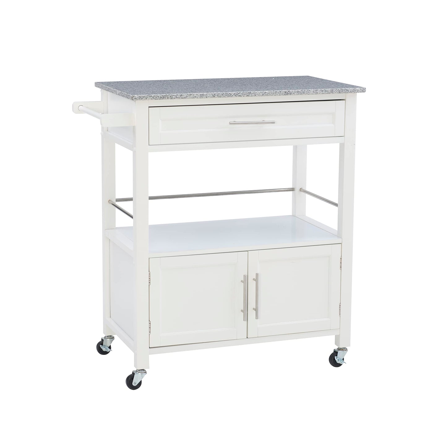 Linon Kyler White Granite Topped Kitchen Cart with Lockable Casters and Hidden Storage Spaces