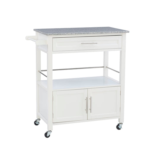 Linon Kyler White Granite Topped Kitchen Cart with Lockable Casters and Hidden Storage Spaces
