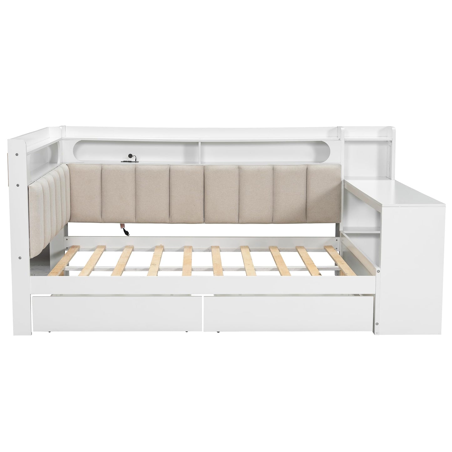 Merax Full Size Multifunctiona Daybed with Storage Drawers and Built-in Shelves & Desk, Corner Bed Frame with Charging Station, LED Light, Upholstered Headboard and Backrest