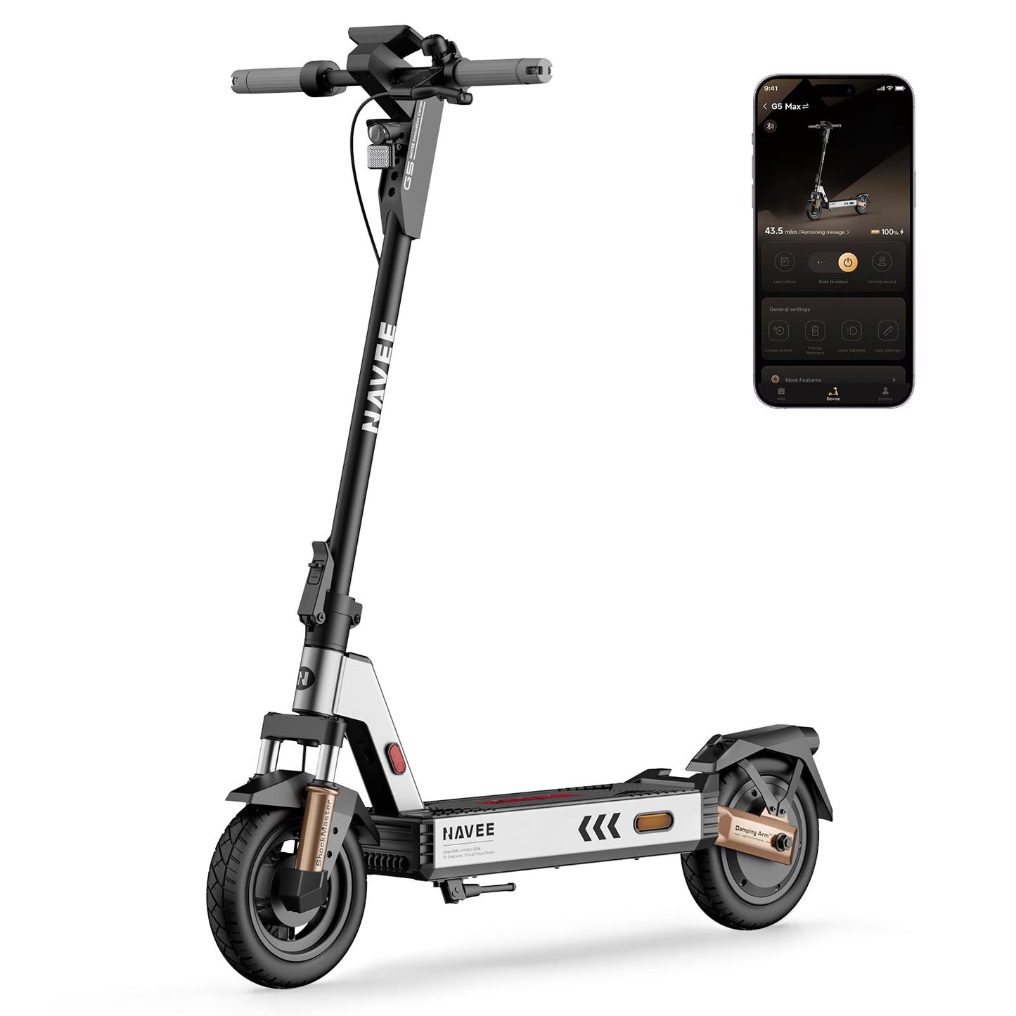NAVEE G5 Max Electric Scooter, 1000W 500W Motor, 20 mph Fast Speed, 43 Miles Range, 10" All-Terrain Solid Tires, Dual Suspension Brake, Lightweight Foldable E Scooter Adults Teen Commute Neighborhood
