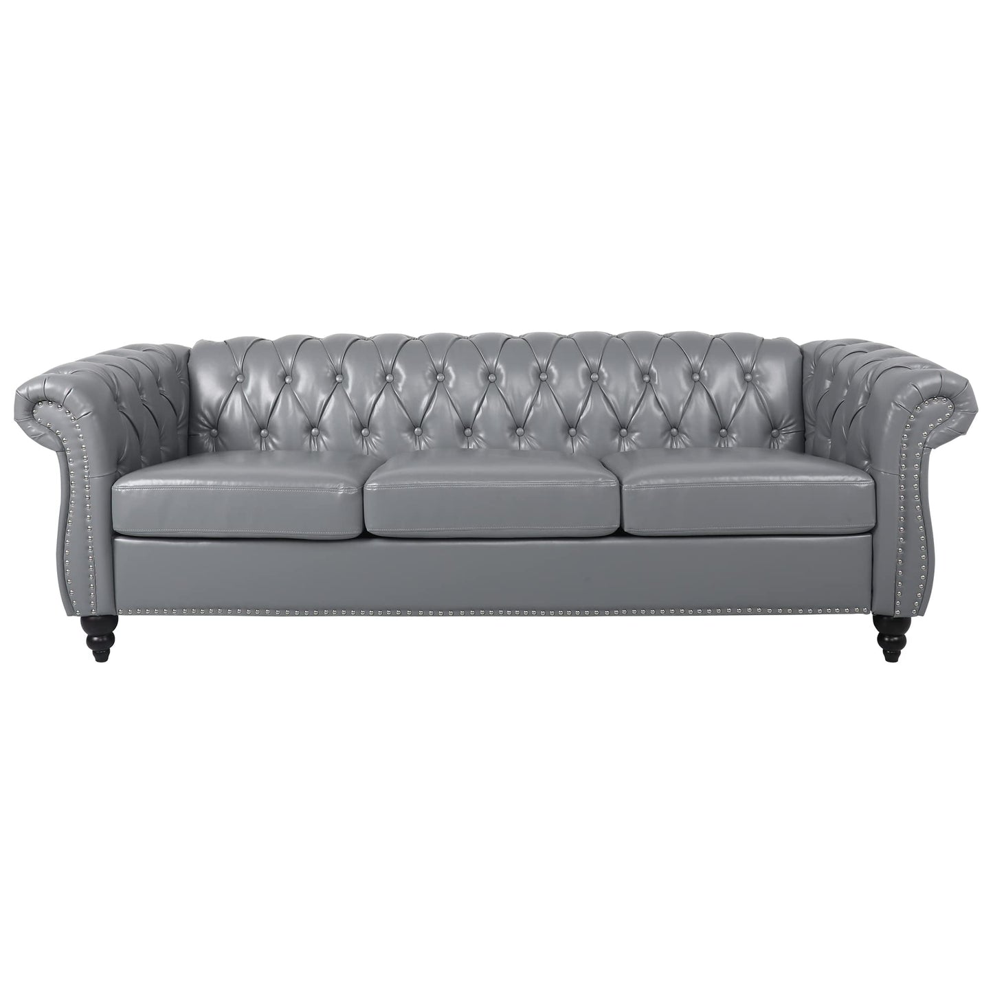 ORRD Chesterfield Sofa Leather, Modern PU Tufted Couch 3 Seater with Rolled Arms and Nailhead for Living Room, Bedroom, Office, Apartment (Grey)