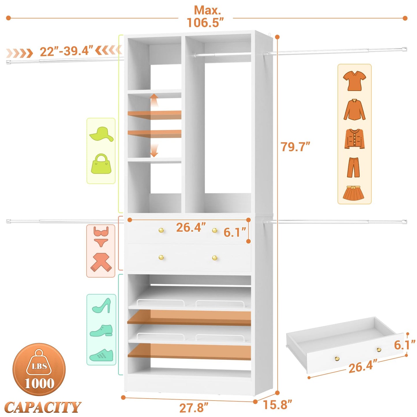 Besiost Closet System, 4.2–8.8 FT Closet Organizer with 2 Wooden Drawers and Shelves, Walk-in Closet System with Hanging Rods, Built-in Closet Tower, Can Fit 60 to 96 inch, White