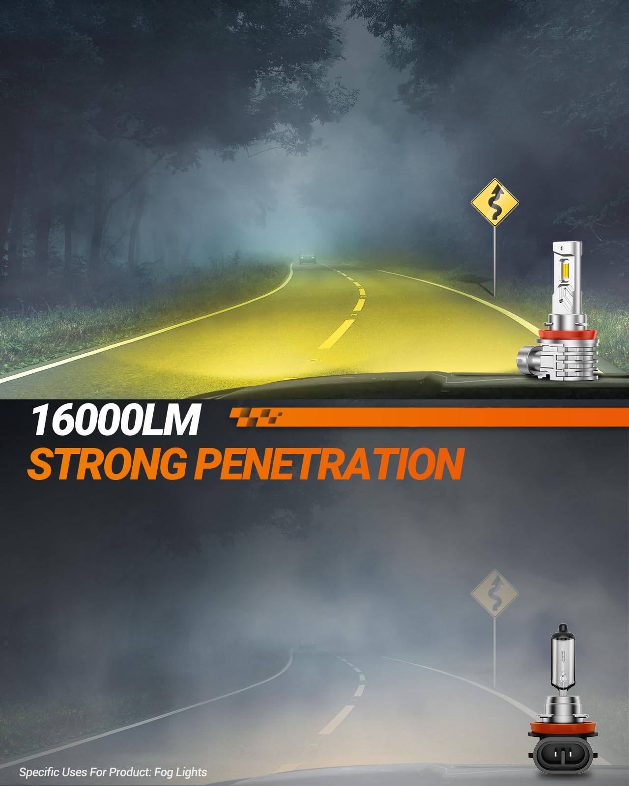SEALIGHT H11/H16/H8 LED Fog Light Bulbs, 16000LM Brightness, 3000K Amber Light, Yellow, Pack of 2