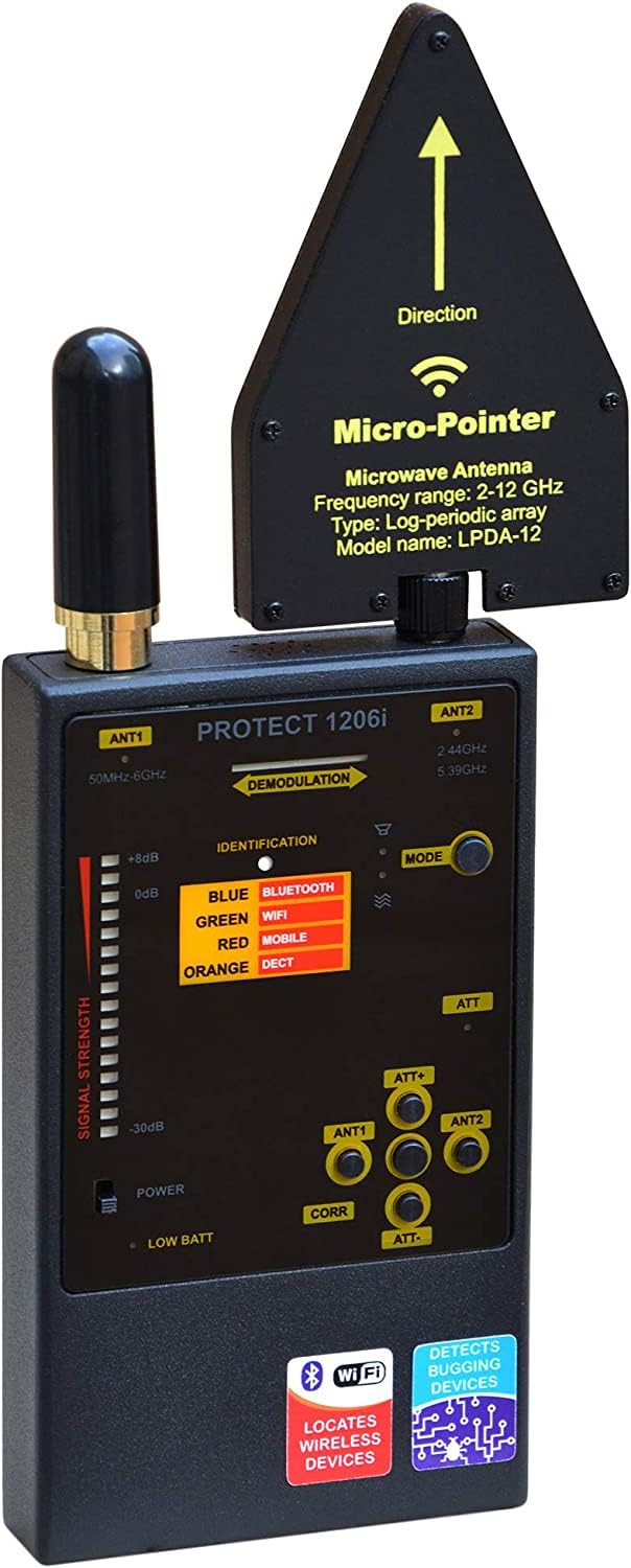 KJB DD1206 iProtect Digital RF Detector; Extra High Sensitivity to Bluetooth, Wi-Fi 2.4 GHz, Wi-Fi 5GHz and Wireless Video Cameras; 16-Segment Bargraph Indicator; 2 Levels of Sensitivity (Attenuator)
