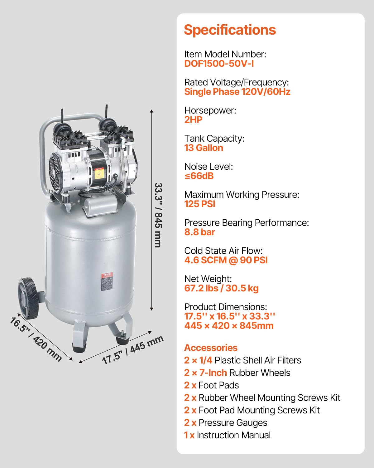 VEVOR 13-Gallon Air Compressor, 2HP, 4.6 SCFM@90PSI, Oil-Free Tank, 66dB Quiet Operation, Ideal for Tire Inflation, Woodworking, Auto Repairs, and Spray Painting (Maximum Pressure 125 PSI)