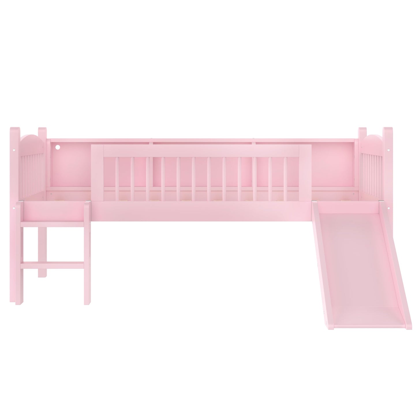 Bellemave Twin XL Loft Bed with Slide and Ladders, Solid Wood Low Loft Bed with Storage Shelves and LED Lights, Loftbed Frame for Kids, Boys, Girls, Childlike and No Box Spring Needed Design, Pink