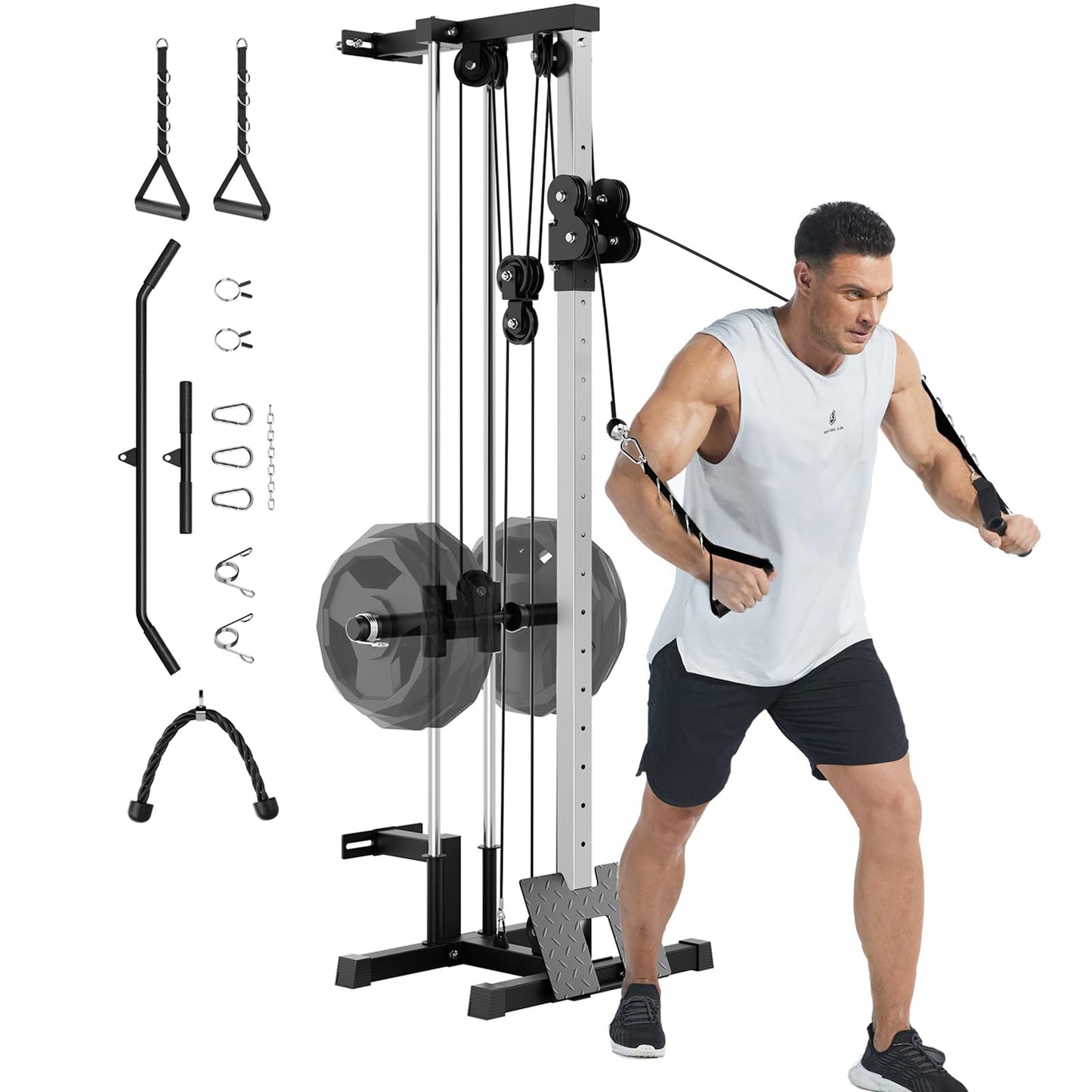 GarveeLife Wall Mount Cable Station, LAT Pulldown Machines with 19 Positions Dual Pulley System, Cable Crossover Machine with Footplate, T-Bar and More Attachments Workout Equipment Home Gym