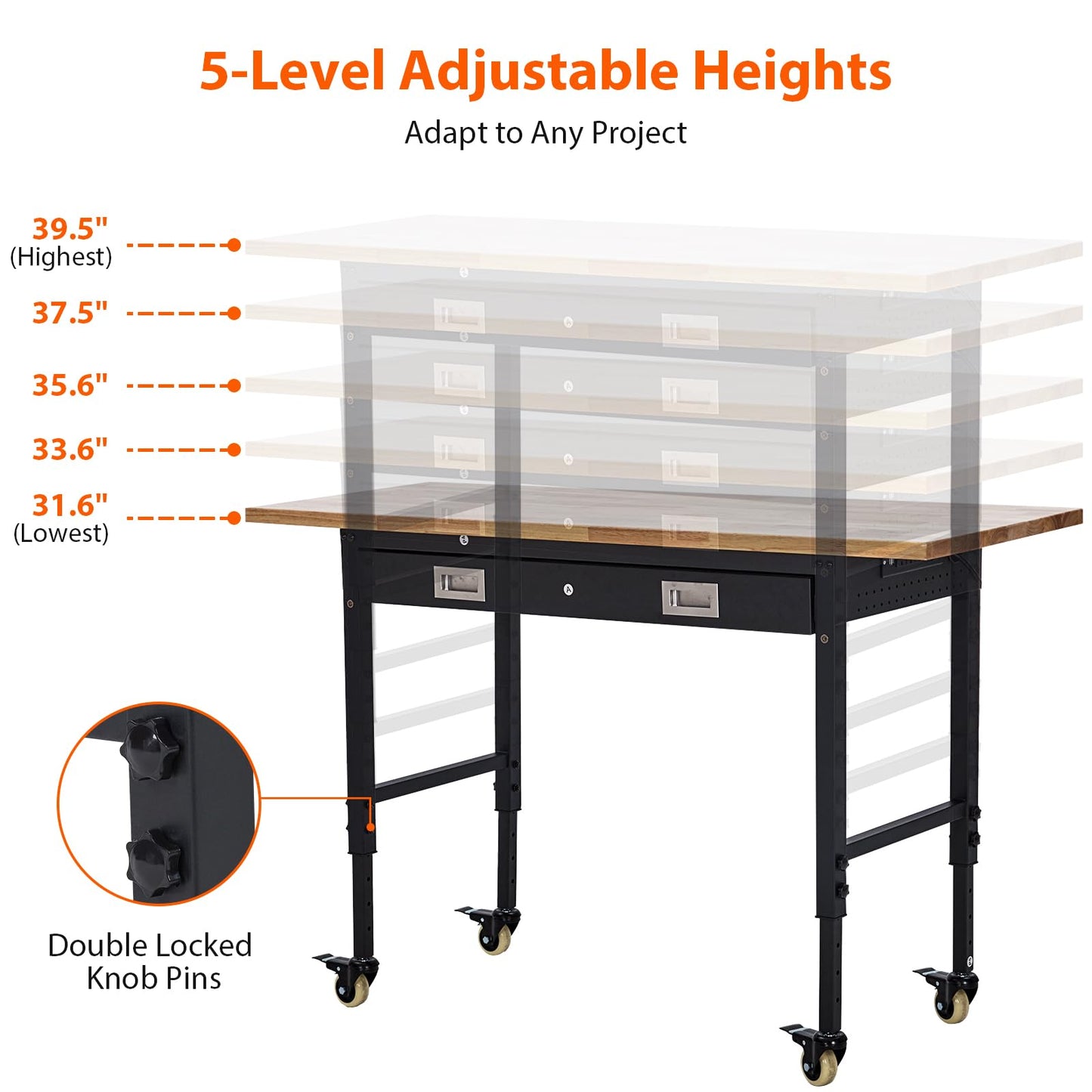 GarveeTech 60 in Heavy-Duty Adjustable Workbench with 2 Drawers & Pegboard - 2000 LBS Capacity, 4 Rolling Wheels, Rubber Wood Tabletop for Garage, Workshop, Home Office, Black