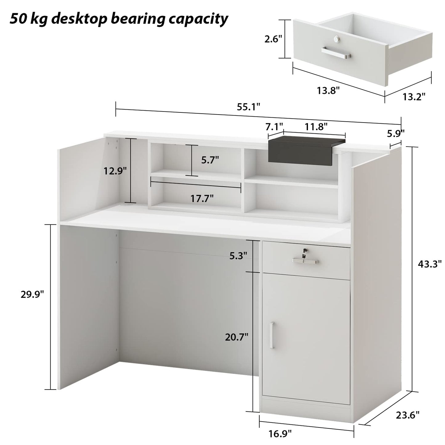 AIEGLE Reception Counter Desk with Adjustable Shelf & Lockable Drawersfor Salon Reception Room Checkout Office, White (55.1" L x 23.6" W x 43.3" H)