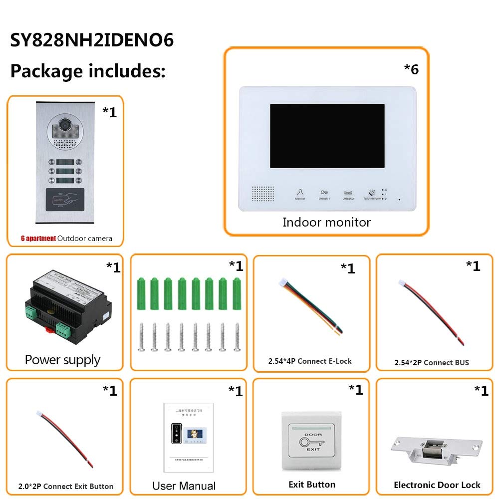 6-Unit Home Apartment Visual Intercom Doorbell System,7" LCD Screen Bus 2pin Wired Video Door Phone Kit,for Home Night Vision+ Cathode Lock(1 Doorbell+6 Monitor)