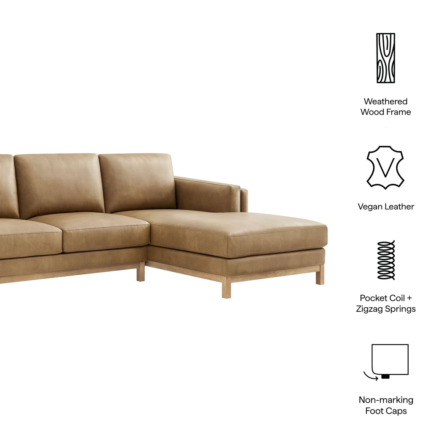 Modway Roscoe Right-Facing Sectional Sofa with Chaise in Toast - 2-Piece Faux Leather Upholstered Deep Seat Couch, L Shaped Modular for Living Room or Lounge