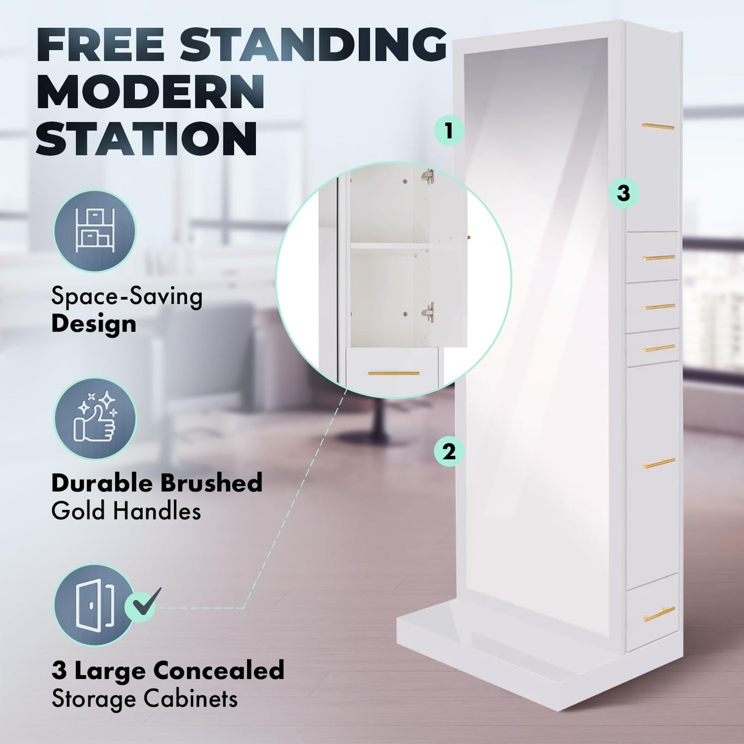 Buy-Rite Modena Single-Sided Styling Station - Gloss White, Full-Length Mirror, Storage Cabinets, Drawers, Pull-Out Tool Tray, Electrical Ready, Space-Saving Salon Station for Professionals, NIN-MS-01