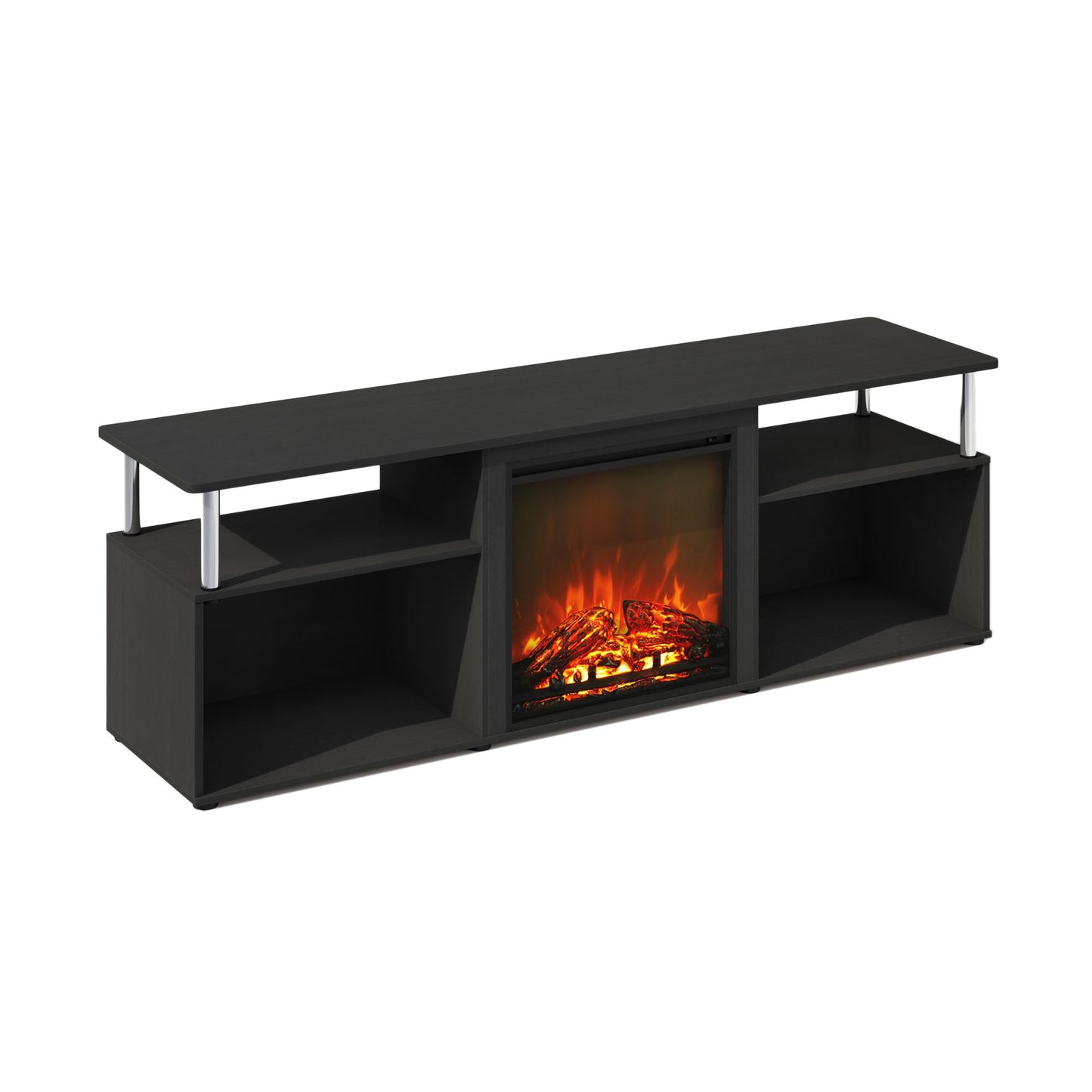 Furinno Jensen Fireplace TV Stand, NO Heat Decorative Electric Fireplace TV Stand for TV up to 70 Inch, with Open Storage, for Living Room, Americano/Stainless Steel