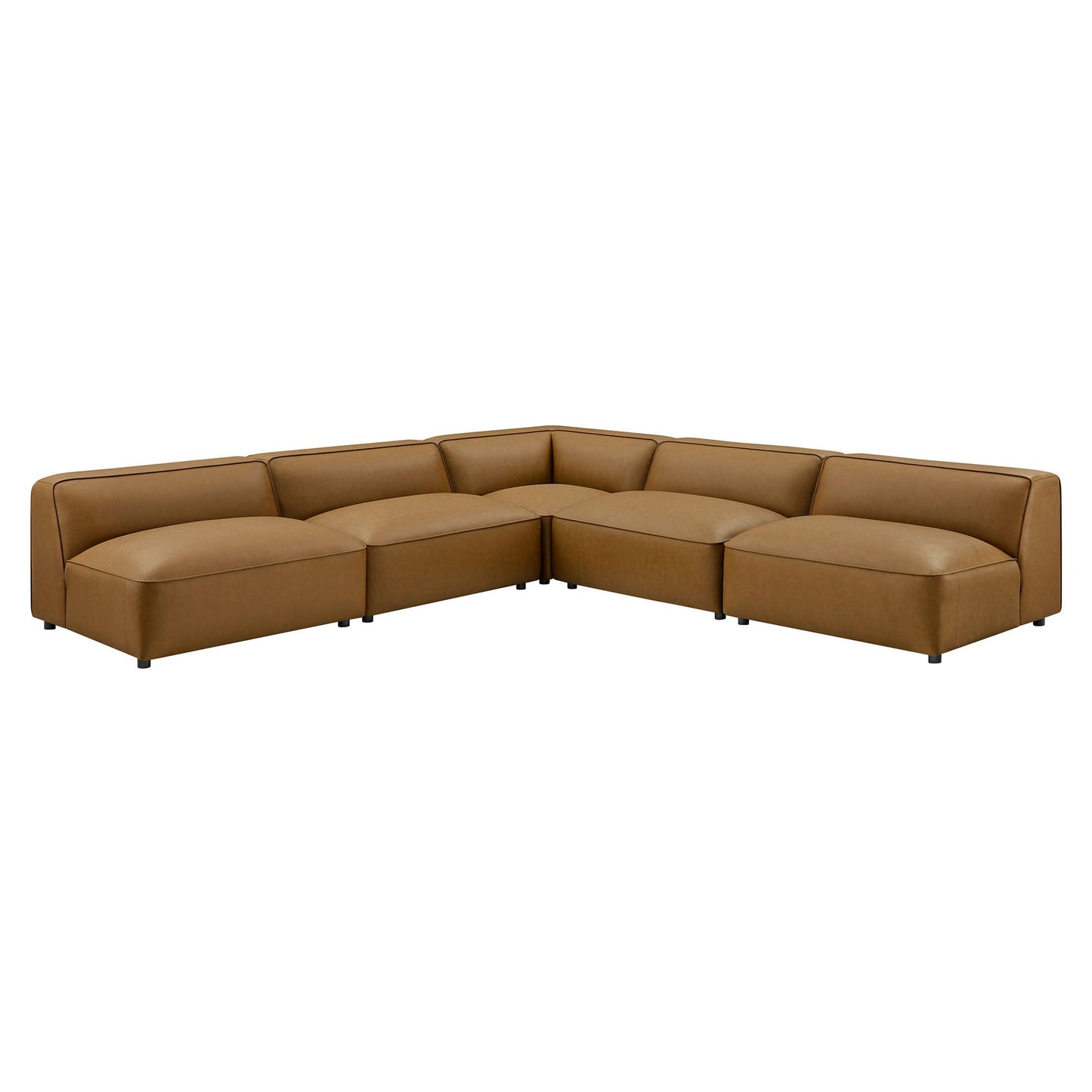 Modway Auren Vegan Leather 5 Piece Armless Modular Sofa in Camel - Faux Leather L Shaped Sectional - Comfy Modern PU Leather Sofa - Oversized Mid Century Modern Couch for Living Room